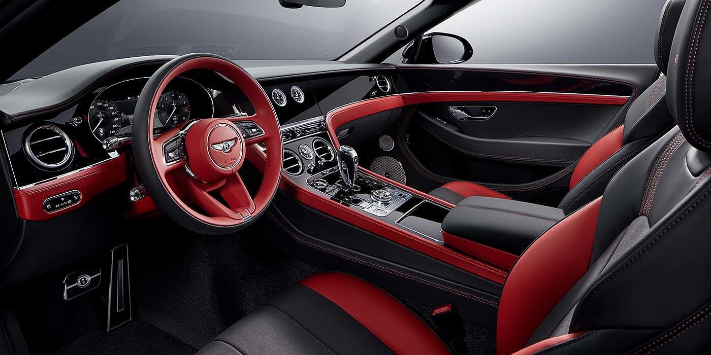 Bentley Milano Bentley Continental GTC S convertible front interior in Beluga black and Hotspur red hide with high gloss carbon fibre veneer