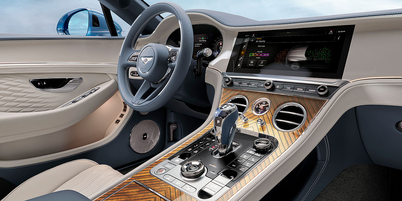 Bentley Milano New Bentley Continental GTC Azure convertible interior front cabin view with Linen and Brunel hides and Piano Linen by Mulliner veneer featuring centre console and centre MMI screen