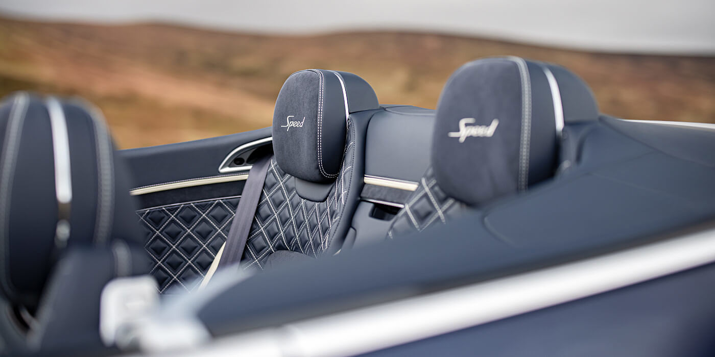 Bentley Milano Bentley Continental GTC Speed convertible rear interior in Imperial Blue and Linen hide