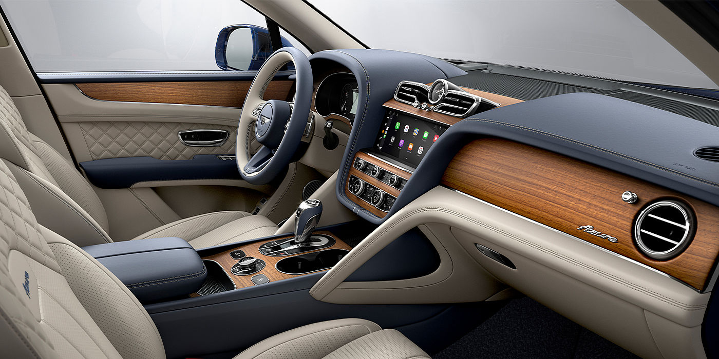 Bentley Milano Bentley Bentayga Azure SUV front interior in Imperial Blue and Linen hide