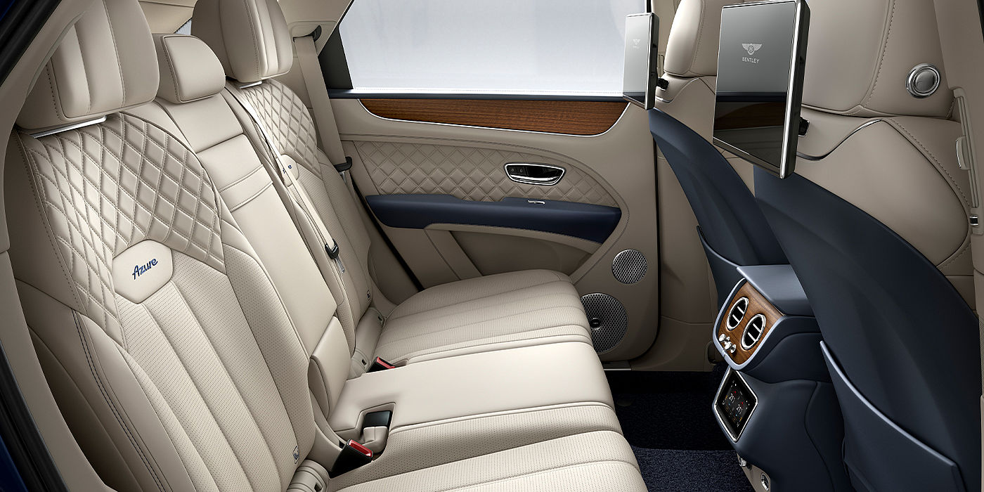 Bentley Milano Bentley Bentayga Azure SUV rear interior in Imperial Blue and Linen hide
