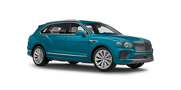 Bentley Milano Bentley Bentayga EWB Azure front side angled view in Topaz blue coloured exterior. 