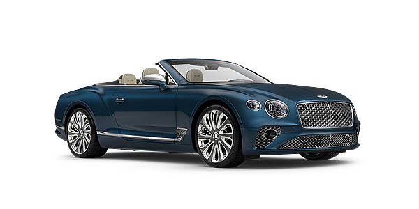 Bentley Milano Bentley GTC Mulliner convertible in Light Windsor Blue paint front 34