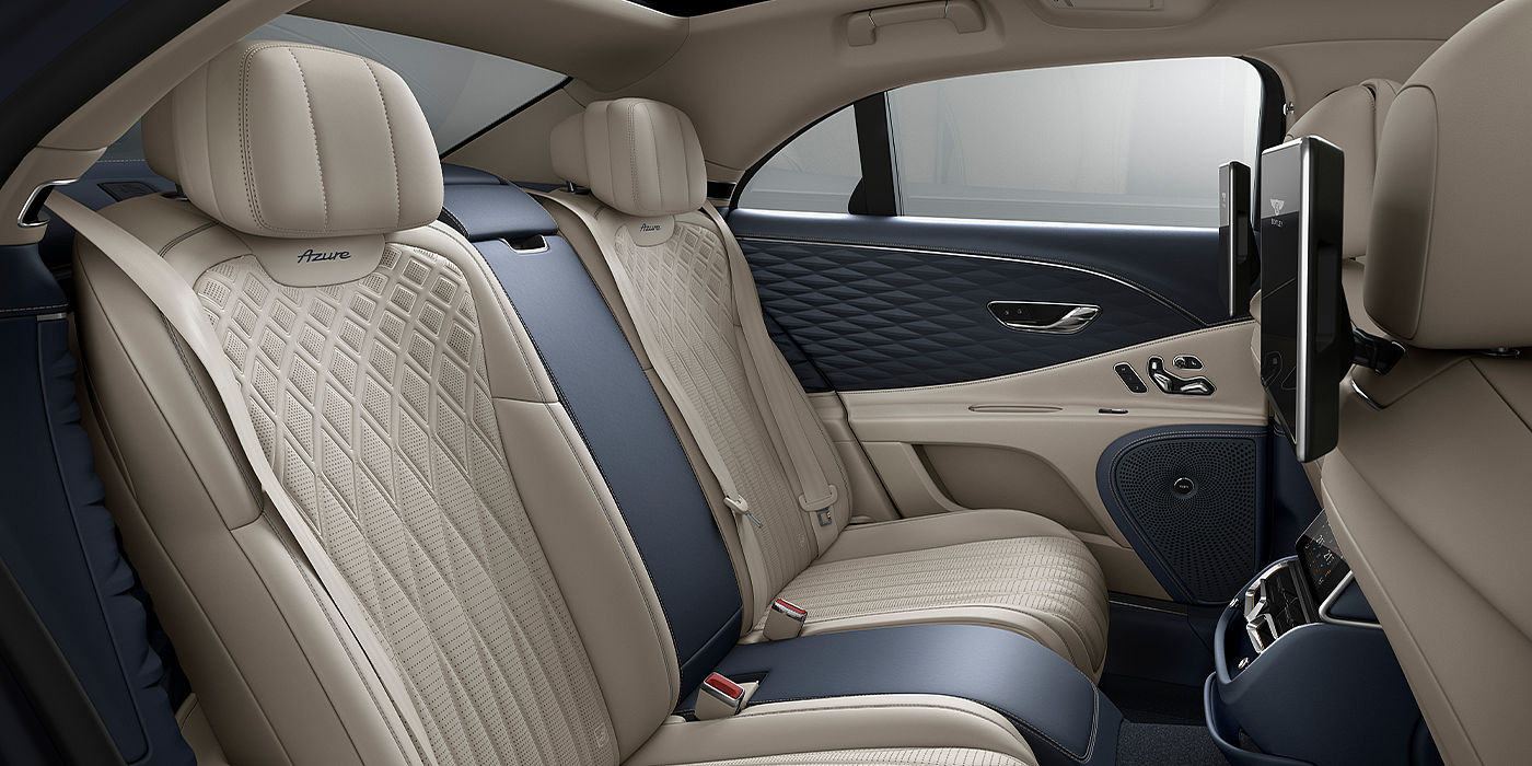 Bentley Milano Bentley Flying Spur Azure sedan rear interior in Imperial Blue and Linen hide