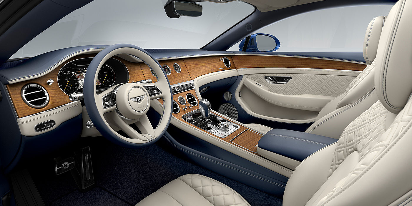 Bentley Milano Bentley Continental GT Azure coupe front interior in Imperial Blue and linen hide