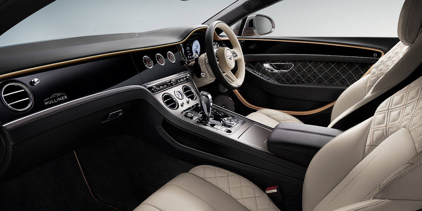 Bentley Milano Bentley Continental GT Mulliner coupe front interior in Beluga black and Linen hide