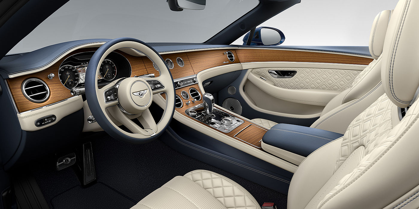 Bentley Milano Bentley Continental GTC Azure convertible front interior in Imperial Blue and Linen hide