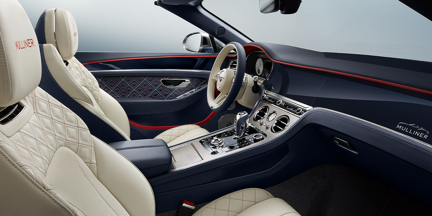 Bentley Milano Bentley Continental GTC Mulliner convertible front interior in Imperial Blue and Linen hide